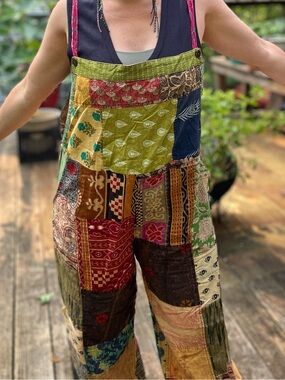 Oversized Overalls, Vision Of Tibet, Bohemian Patchwork Overalls - Multicolor
